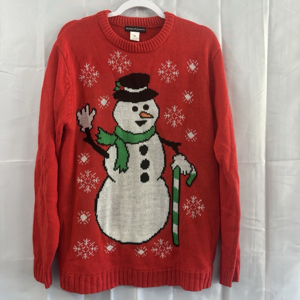 Mens Sweater Red Snowman Ugly Christmas Sweater Knit Thick Cane Waving Party M